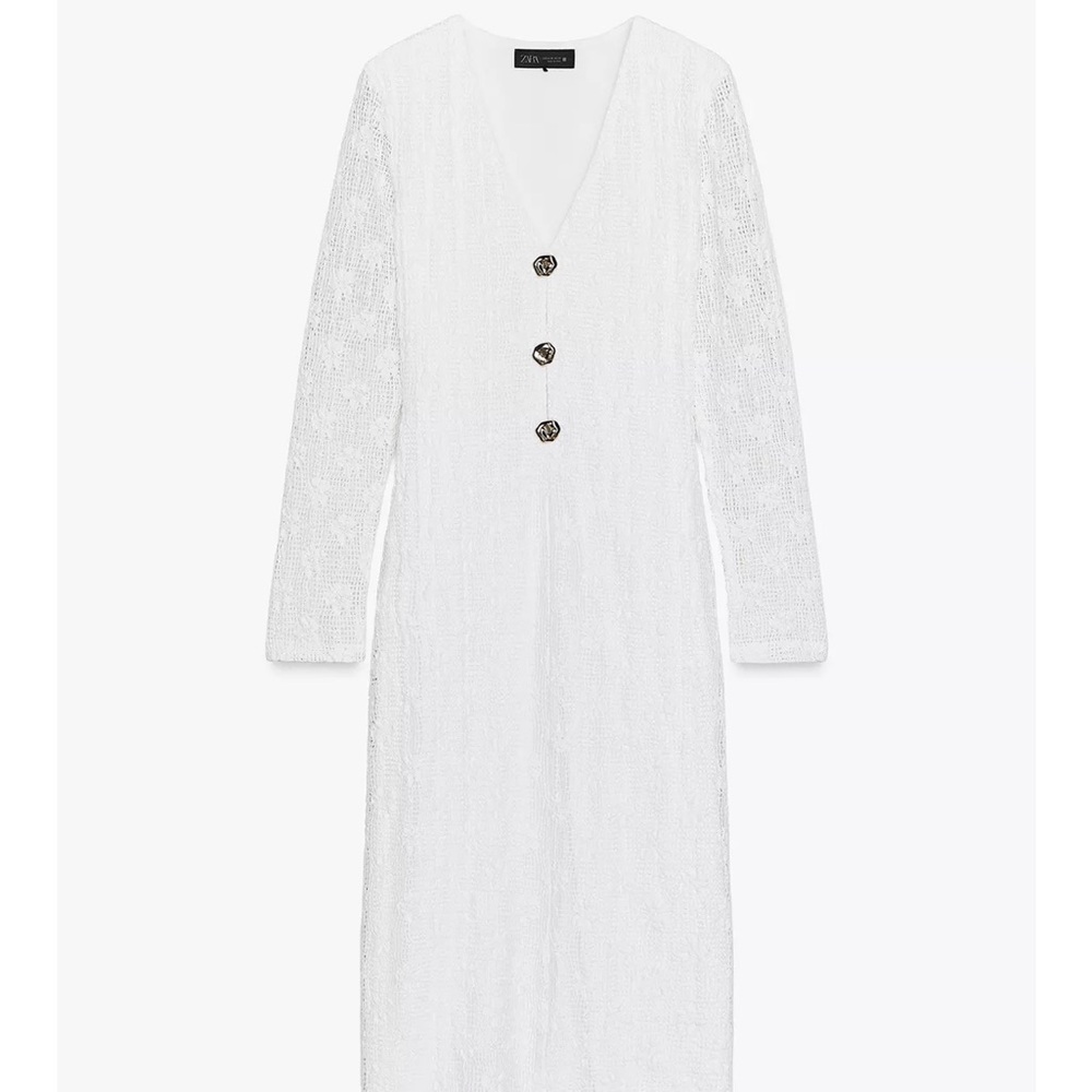 NWT Zara White Lace Long Sleeve Dress with GOLD Button Detail - XS - NEW